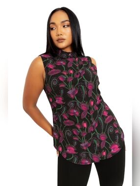 BlackMilk Venus Flytrap Sleek Sleeveless Button Down Shirt M